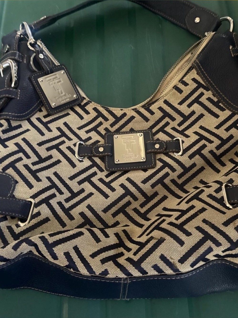 Tignanello Navy and Tan Signature Jacquard Canvas Shoulder Bag W Leather Trim.